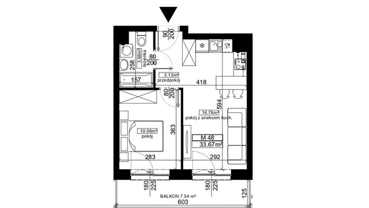 Rzut - Mieszkanie na sprzedaż 2 pokoje o powierzchni 33,67 m² - numer 48 w Ubocze