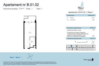 Rzut - Mieszkanie na sprzedaż 1 pokój o powierzchni 32,39 m² - numer B.01.02 w Wave Świnoujście Thermal & Spa