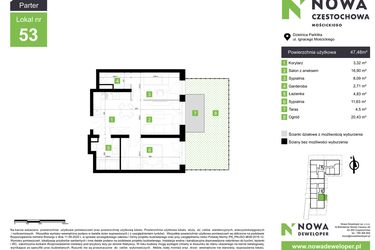 Rzut - Mieszkanie na sprzedaż 2 pokoje o powierzchni 47,48 m² - numer M53 w Nowa Częstochowa Mościckiego
