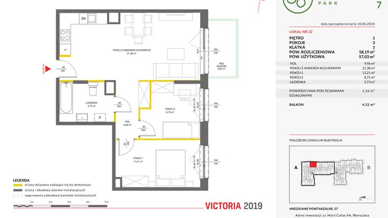Rzut - Mieszkanie na sprzedaż 3 pokoje o powierzchni 58,19 m² - numer 22 w Olchowy Park VII