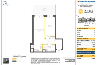 Rzut - Mieszkanie na sprzedaż 2 pokoje o powierzchni 46,35 m² - numer A/3 w Impuls Marywilska