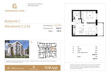 Rzut - Mieszkanie na sprzedaż 2 pokoje o powierzchni 42,09 m² - numer C.2.02 w Grabskiego Park
