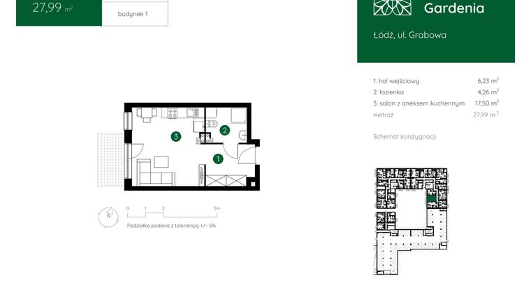 Rzut - Mieszkanie na sprzedaż 1 pokój o powierzchni 27,99 m² - numer 1.C.0.11 w Murapol Gardenia
