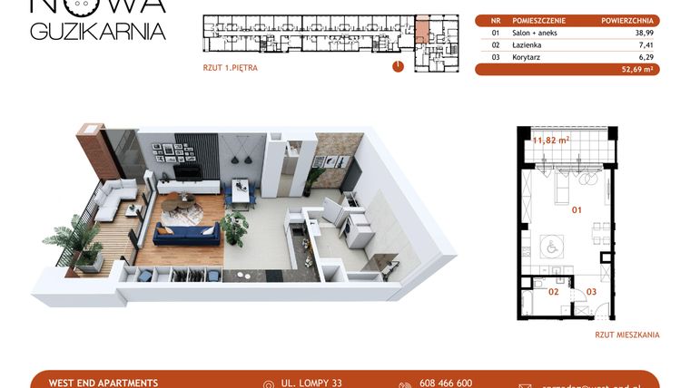 Rzut - Mieszkanie na sprzedaż 1 pokój o powierzchni 51,96 m² - numer A.1.111 w Nowa Guzikarnia