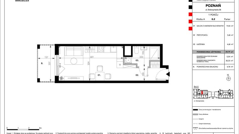 Rzut - Mieszkanie na sprzedaż 1 pokój o powierzchni 29,79 m² - numer B.A.0.2 w Zajezdnia
