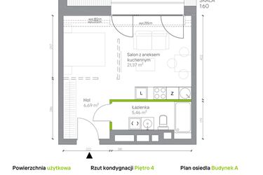 Rzut - Mieszkanie na sprzedaż 1 pokój o powierzchni 33,52 m² - numer A.4.11 w Jesionowa Vita