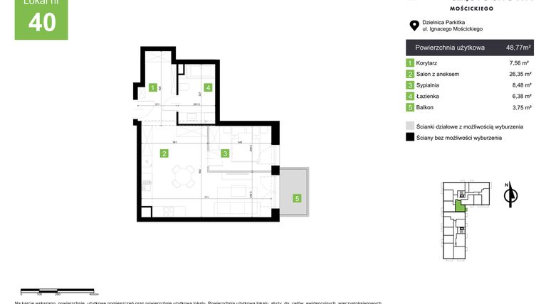 Rzut - Mieszkanie na sprzedaż 2 pokoje o powierzchni 48,77 m² - numer M40 w Nowa Częstochowa Mościckiego
