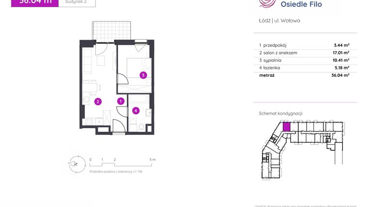 Rzut - Mieszkanie na sprzedaż 2 pokoje o powierzchni 36,04 m² - numer 2.B.0.02 w Murapol Osiedle Filo etap II
