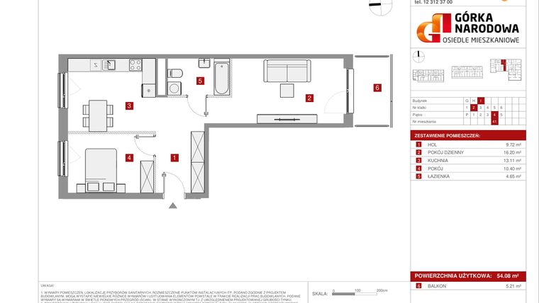 Rzut - Mieszkanie na sprzedaż 2 pokoje o powierzchni 54,08 m² - numer GN_4_1_I_41 w Osiedle Górka Narodowa