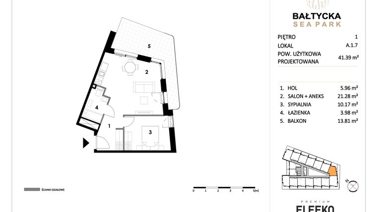 Rzut - Mieszkanie na sprzedaż 2 pokoje o powierzchni 41,39 m² - numer A.1.7 w Bałtycka Sea Park