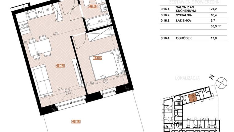 Rzut - Mieszkanie na sprzedaż 2 pokoje o powierzchni 35,3 m² - numer 016 w Szczecińska 20