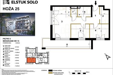Rzut - Mieszkanie na sprzedaż 3 pokoje o powierzchni 55,46 m² - numer 15 w Hoża 25