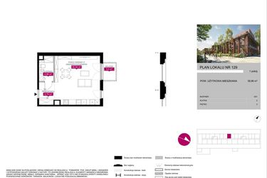 Rzut - Mieszkanie na sprzedaż 1 pokój o powierzchni 39,9 m² - numer 129 w Fuzja Mieszkania Loftowe
