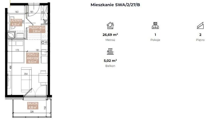 Rzut - Mieszkanie na sprzedaż 1 pokój o powierzchni 26,65 m² - numer SWA/2/27/B w Apartamenty Świeradowska