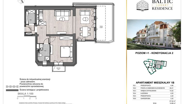 Rzut - Mieszkanie na sprzedaż 2 pokoje o powierzchni 67,04 m² - numer 1B w Baltic Luxury Residence