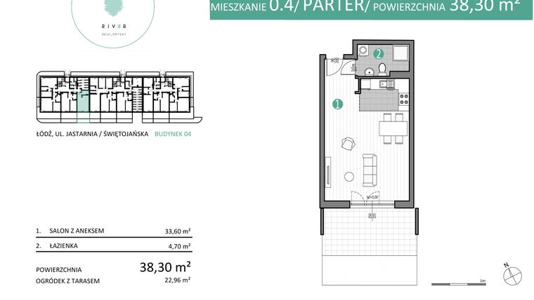 Rzut - Mieszkanie na sprzedaż 1 pokój o powierzchni 38,3 m² - numer 04.0.4 w Port Jastarnia bud. 01, 04