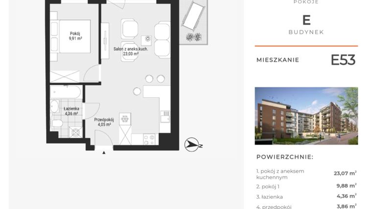 Rzut - Mieszkanie na sprzedaż 2 pokoje o powierzchni 41,17 m² - numer E53 w Na Koszutce II