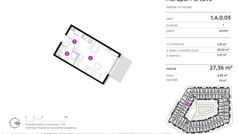 Rzut - Mieszkanie na sprzedaż 1 pokój o powierzchni 27,36 m² - numer 1.A.0.03 w Murapol Portovo etap II
