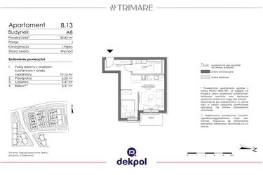 Rzut - Mieszkanie na sprzedaż 1 pokój o powierzchni 30,83 m² - numer A8.13 w Trimare