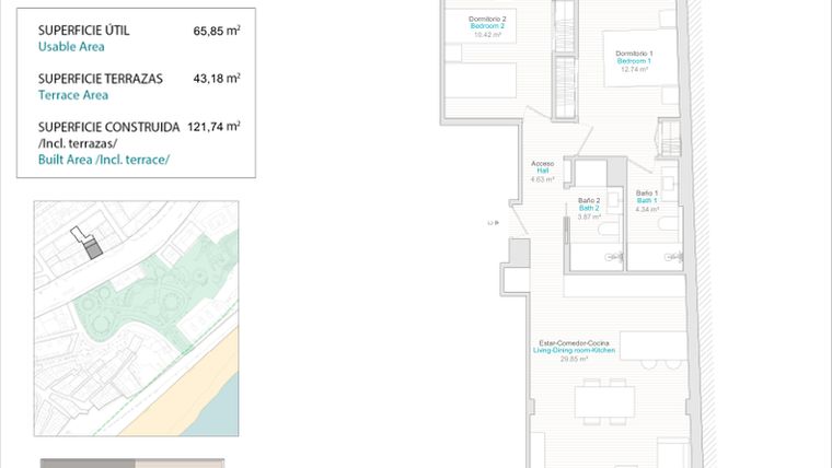 Rzut - Mieszkanie na sprzedaż 2 pokoje o powierzchni 65 m² - numer 1C w Allonbay Urban - Villajoyosa
