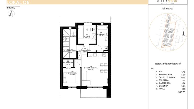 Rzut - Mieszkanie na sprzedaż 3 pokoje o powierzchni 52,3 m² - numer O6 w Villa Stoki (mieszkania)