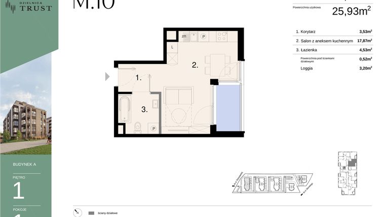 Rzut - Mieszkanie na sprzedaż 1 pokój o powierzchni 26,45 m² - numer A - M.10 w Dzielnica Trust - etap I