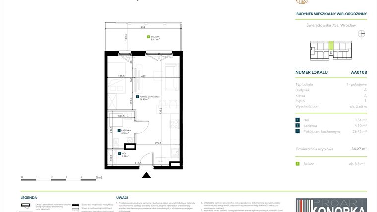Rzut - Mieszkanie na sprzedaż 1 pokój o powierzchni 34,27 m² - numer AA0108 w Vivre