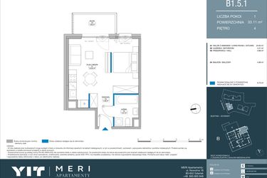 Rzut - Mieszkanie na sprzedaż 1 pokój o powierzchni 33,11 m² - numer B.1.5.1 w Meri Apartamenty