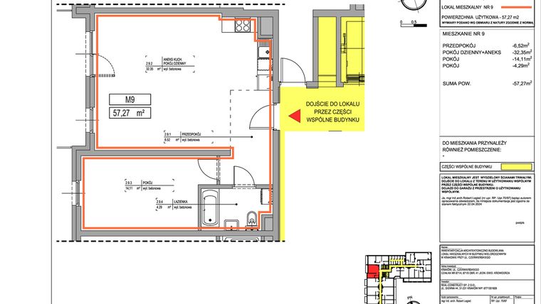 Rzut - Mieszkanie na sprzedaż 2 pokoje o powierzchni 57,27 m² - numer 3.9 w Czerwieńskiego 3