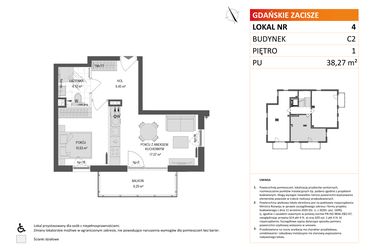 Rzut - Mieszkanie na sprzedaż 2 pokoje o powierzchni 38,27 m² - numer C2.4 w Gdańskie Zacisze