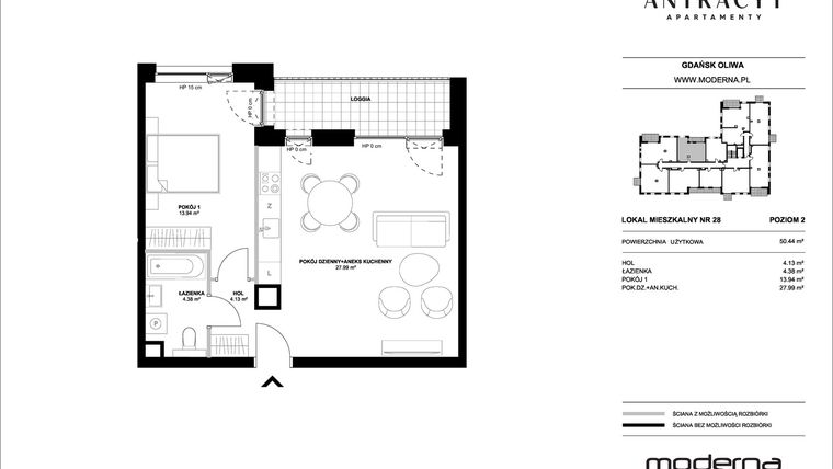 Rzut - Mieszkanie na sprzedaż 2 pokoje o powierzchni 50,44 m² - numer 28 w Antracyt
