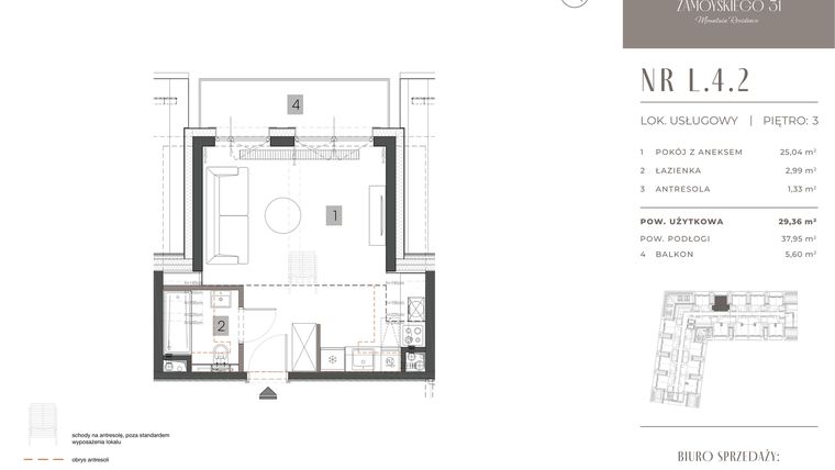 Rzut - Mieszkanie na sprzedaż 1 pokój o powierzchni 29,36 m² - numer L.4.2 w Zamoyskiego 31