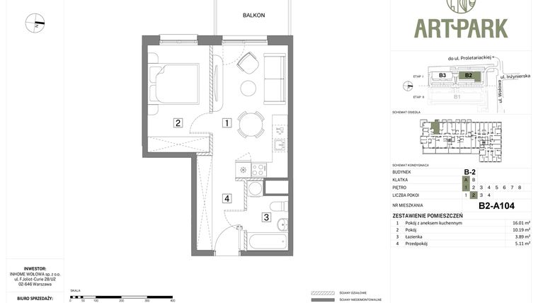 Rzut - Mieszkanie na sprzedaż 2 pokoje o powierzchni 35,2 m² - numer B.2.A104 w Inhome Osiedle ArtPark etap I