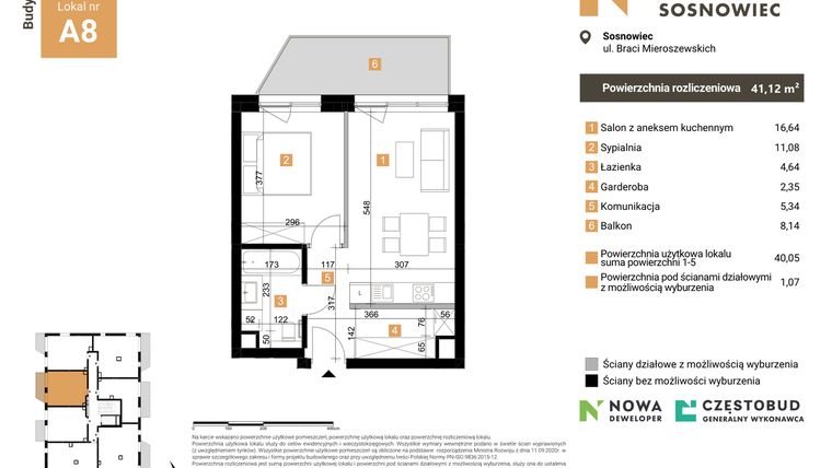Rzut - Mieszkanie na sprzedaż 2 pokoje o powierzchni 41,12 m² - numer A8 w Nowy Sosnowiec