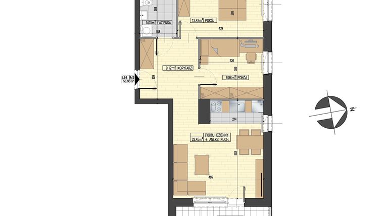 Rzut - Mieszkanie na sprzedaż 3 pokoje o powierzchni 58,9 m² - numer D84 w Osiedle Plażowa