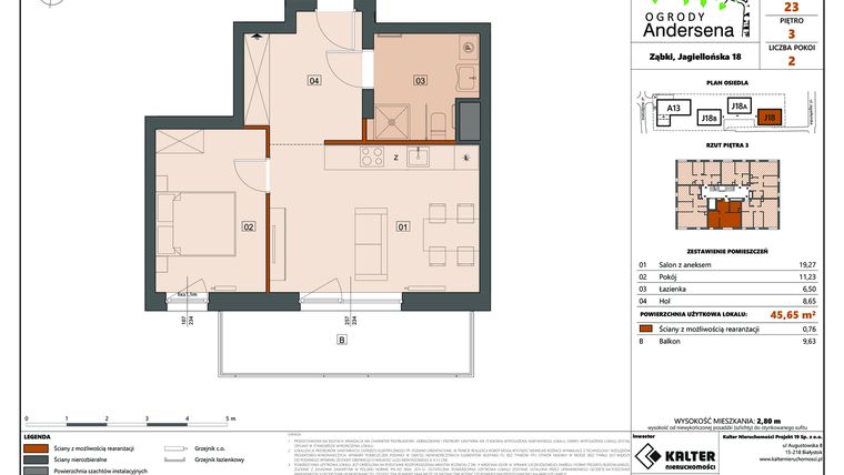 Rzut - Mieszkanie na sprzedaż 2 pokoje o powierzchni 45,65 m² - numer 23D w Ogrody Andersena