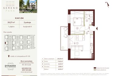 Rzut - Mieszkanie na sprzedaż 2 pokoje o powierzchni 39,27 m² - numer K.M.1.04 w Sereno Park