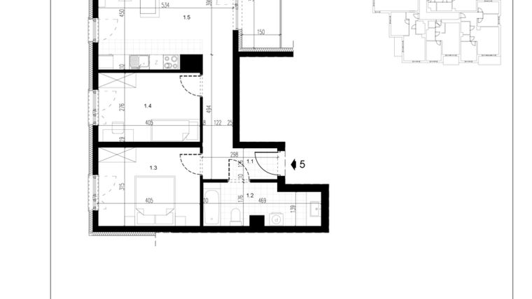Rzut - Mieszkanie na sprzedaż 3 pokoje o powierzchni 61,51 m² - numer M5 w Trybuny Ludów 3