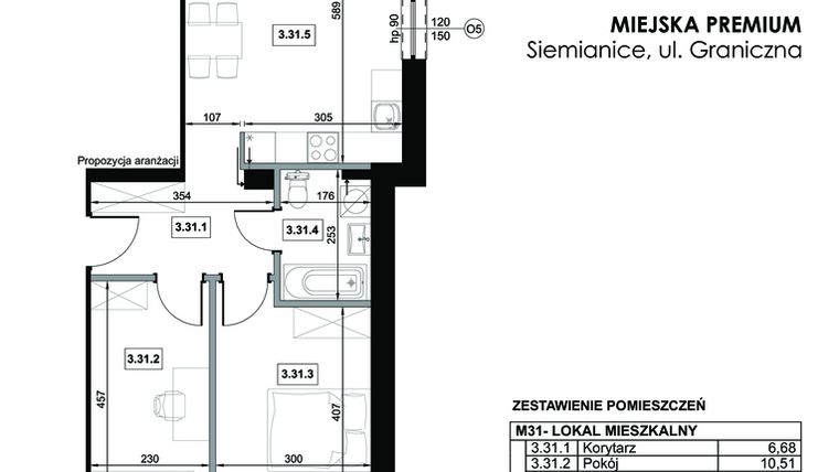 Rzut - Mieszkanie na sprzedaż 3 pokoje o powierzchni 59,05 m² - numer M31 w Miejska Premium II