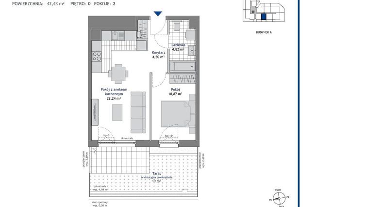 Rzut - Mieszkanie na sprzedaż 2 pokoje o powierzchni 42,43 m² - numer A.0.10 w Linea bud. A