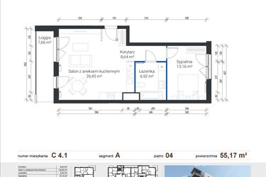 Rzut - Mieszkanie na sprzedaż 2 pokoje o powierzchni 55,17 m² - numer C 4.1 w Nowe Zabłocie