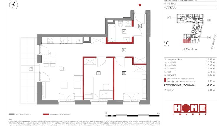 Rzut - Mieszkanie na sprzedaż 3 pokoje o powierzchni 62,85 m² - numer A17 w Przystań Żerań