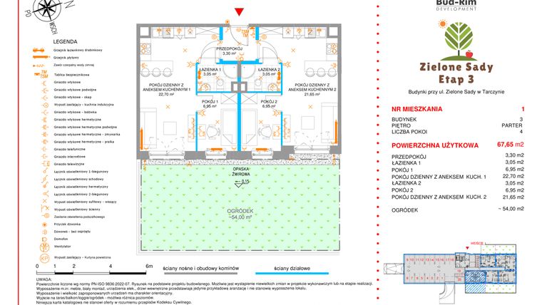 Rzut - Mieszkanie na sprzedaż 4 pokoje o powierzchni 67,65 m² - numer 1 w Zielone Sady etap III