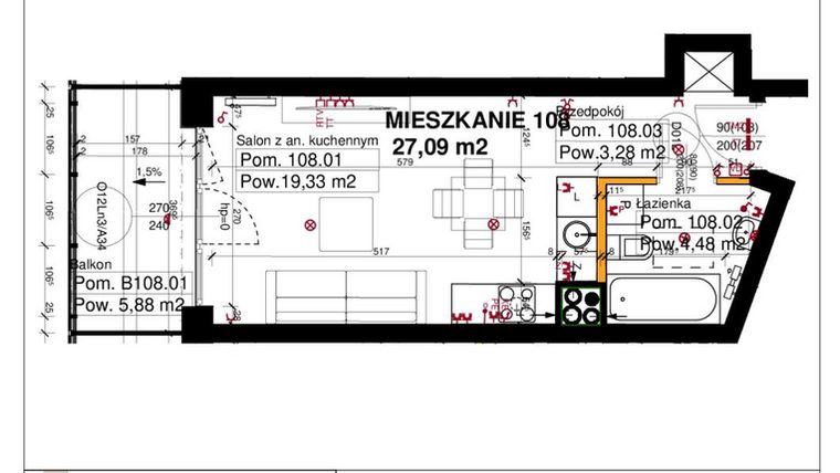 Rzut - Mieszkanie na sprzedaż 1 pokój o powierzchni 27,09 m² - numer M108 w Srebrzyńska Park IV