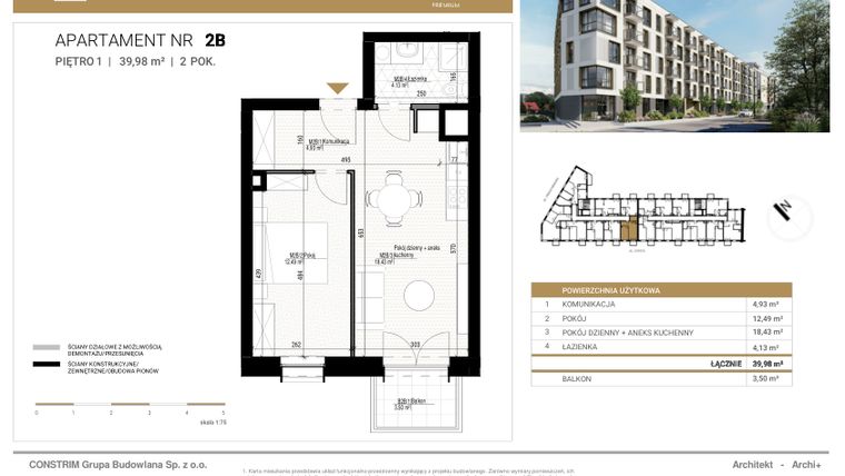Rzut - Mieszkanie na sprzedaż 2 pokoje o powierzchni 39,98 m² - numer 2b w Czysta Premium