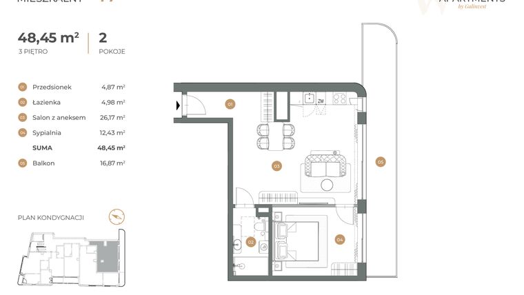 Rzut - Mieszkanie na sprzedaż 2 pokoje o powierzchni 48,45 m² - numer 17 w Witkiewicza Apartments