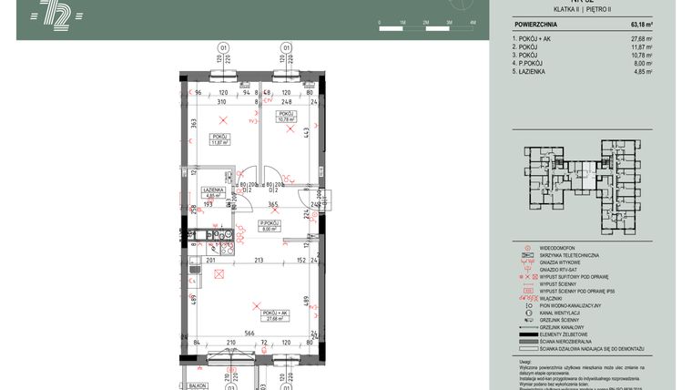 Rzut - Mieszkanie na sprzedaż 3 pokoje o powierzchni 63,22 m² - numer 52 w Wspólnota Mieszkaniowa Gajowa 72