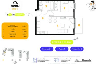 Rzut - Mieszkanie na sprzedaż 2 pokoje o powierzchni 37,83 m² - numer 34.13 w Osiedle Ozon etap VII