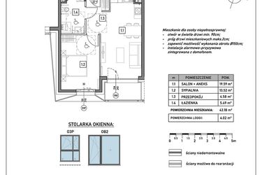 Rzut - Mieszkanie na sprzedaż 2 pokoje o powierzchni 43,18 m² - numer A.2.6 w GreenLine