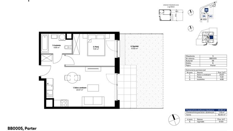 Rzut - Mieszkanie na sprzedaż 2 pokoje o powierzchni 40,84 m² - numer BB0005 w NU3 Warszawa Wola